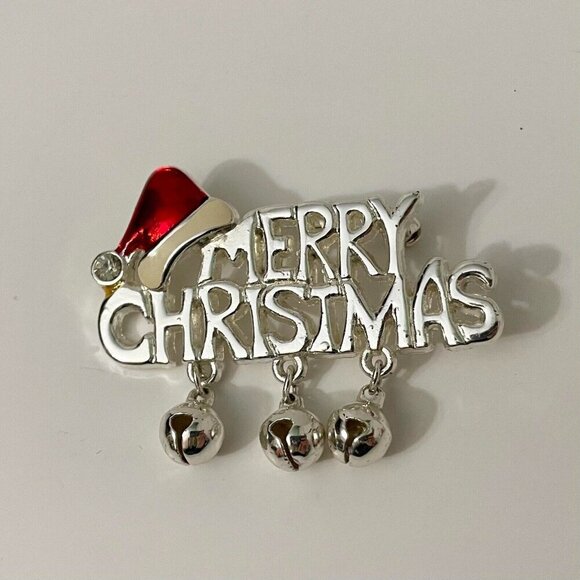 Vintage Merry Christmas Brooch Jingle Bells Pin - Picture 12 of 15